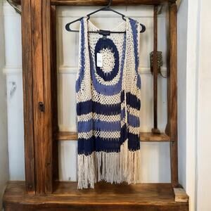 FRAZZLE Large Woman's Boho Hippie Festival Vest Crochet Macrame Fringe